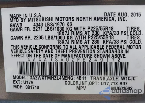 2015 Mitsubishi Outlander Sport Es z USA, uszkodzony, nr VIN 4A4AR3AU2FE049170